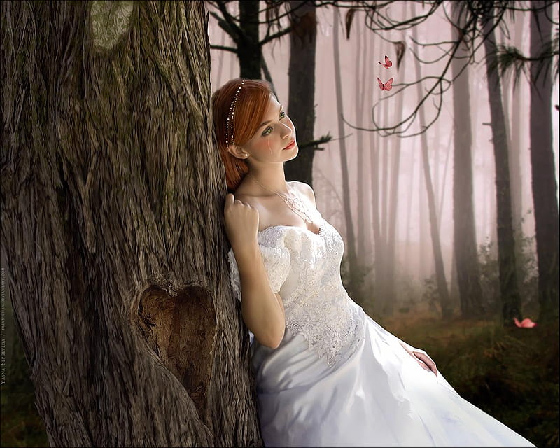 Woes of a Bride, forest, woods, bride, bonito, lonely, butterflies, carving heart, sad, tears, pink, HD wallpaper