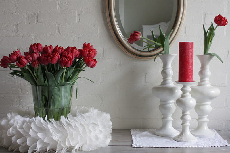 Spring Still Life, candle, table, vase, wall, still life, candlesticks, tulips, mirror, Spring, HD wallpaper