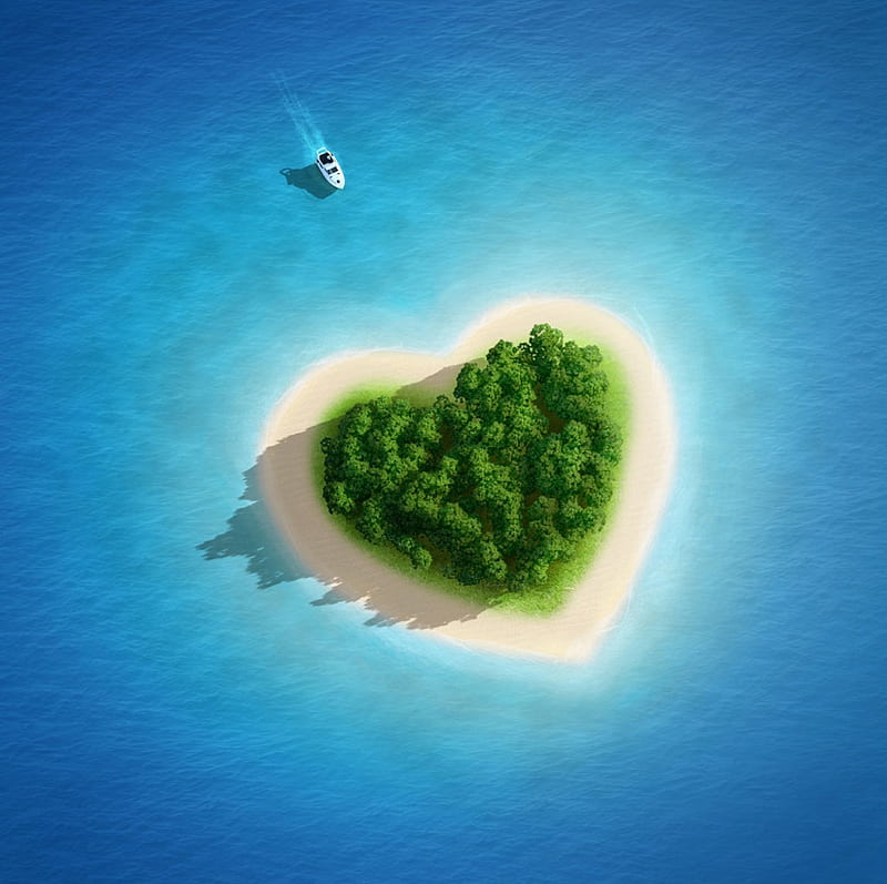 Paradise Island, Heart, Vacation, Palm trees, Sea, Travel, Yacht, HD wallpaper