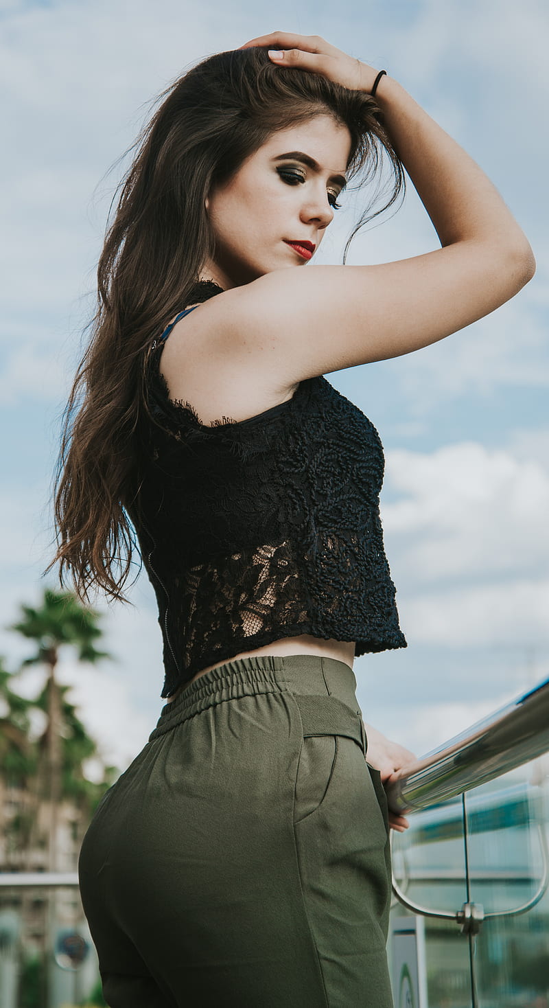 women's black lace sleeveless top, HD phone wallpaper