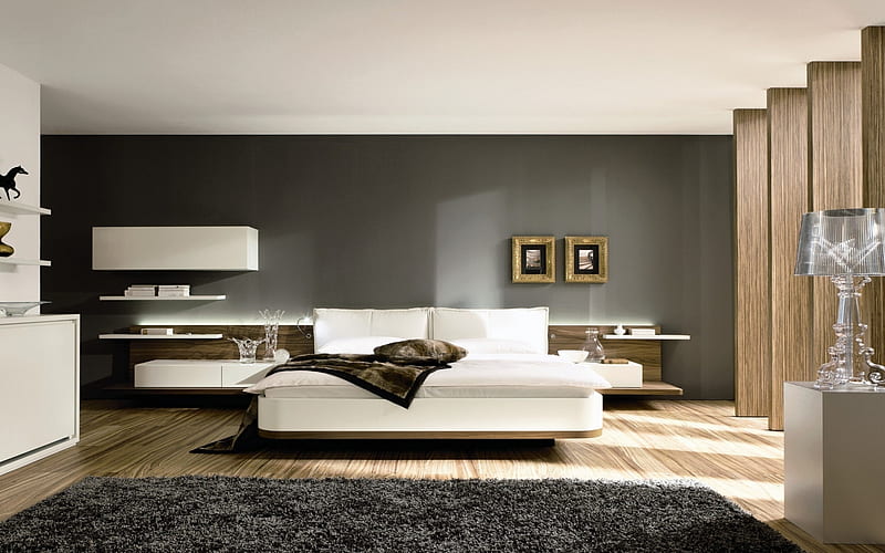 stylish spacious bedroom, modern interior design, white bed, desenho, stylish interior, HD wallpaper