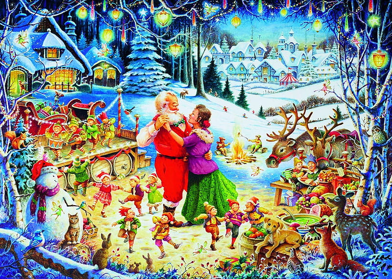 Let's Dance, santa, christmas, decoration, houses, painting, elves, artwork, HD wallpaper