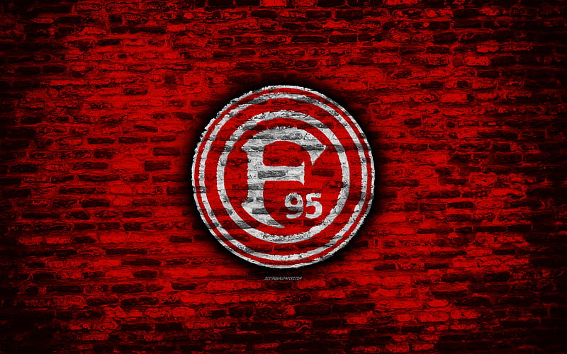 Fortuna Dusseldorf FC, logo, red brick wall, Bundesliga, German football club, soccer, football, brick texture, Dusseldorf, Germany, HD wallpaper