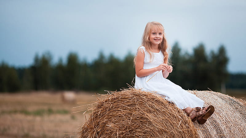 Cute Little Girl Is Sitting On Top Of Rice Straw Bundle Wearing White Dress Cute, HD wallpaper