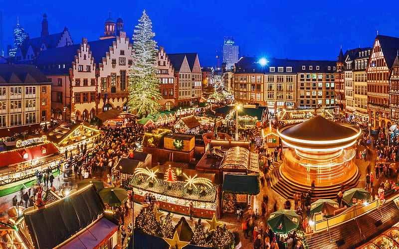 Frankfurt am Main, Christmas market, people, shops, evening, Christmas tree, Germany, HD wallpaper