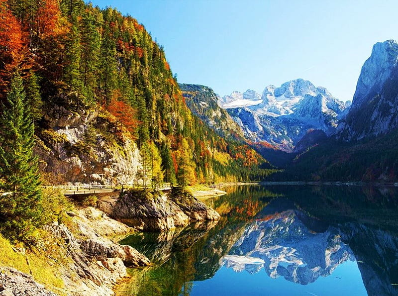 Lake Gosau, Austria, water, reflection, alps, mountains, HD wallpaper
