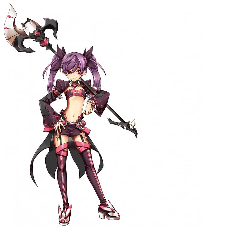Aisha, twintail, purple hair, video game, game, twintails, elsword, twin tails, rpg, armor, twin tail, warrior, anime, mmorpg, weapon, long hair, HD wallpaper