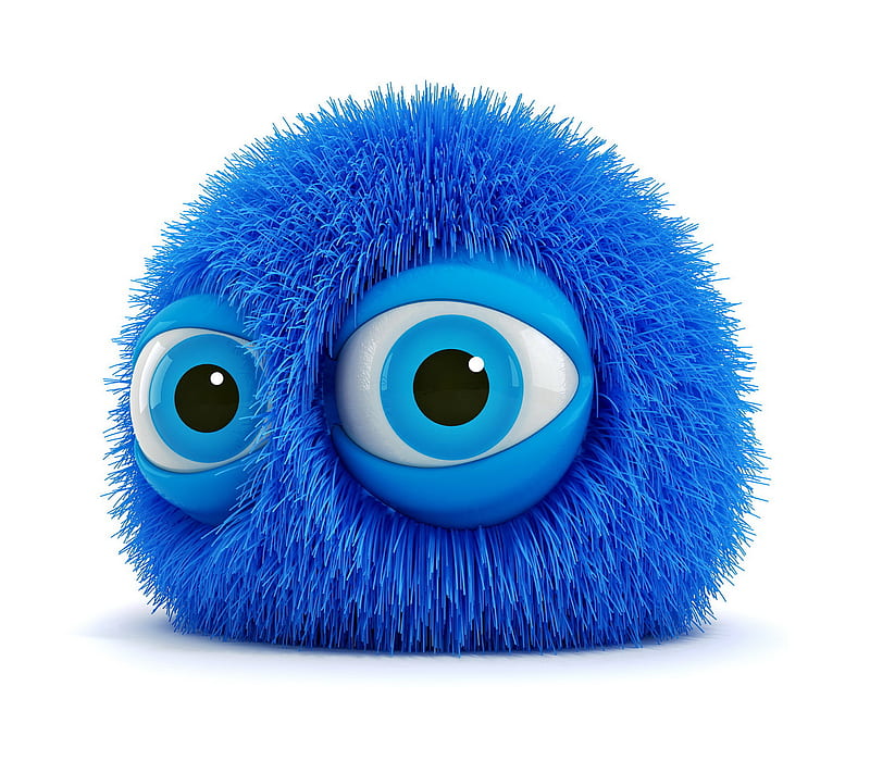 Cute Monster, 3d, ball, blue, face, fluffy, funny, HD wallpaper