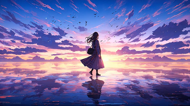 Girl, lake, ice, sky, reflection, anime, art, HD wallpaper | Peakpx