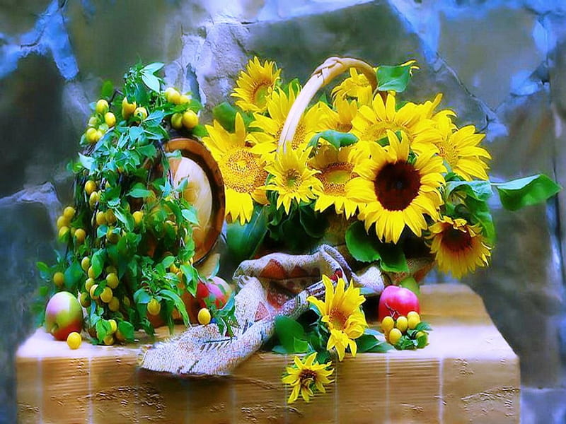 Still life, fruits, flower basket, yellow, floral, green, arrangement, beauty, warm, glowing, brightness, apples, sunflower, soft, contrasts, heat, nature, natural, HD wallpaper