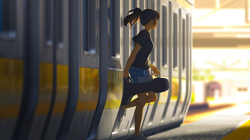 Anime, Girl, Brunette, Guitar, Station, Train, HD wallpaper