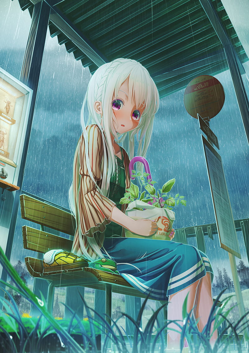 anime, anime girls, white hair, pink eyes, rain, frog, nail polish, original characters, HD phone wallpaper