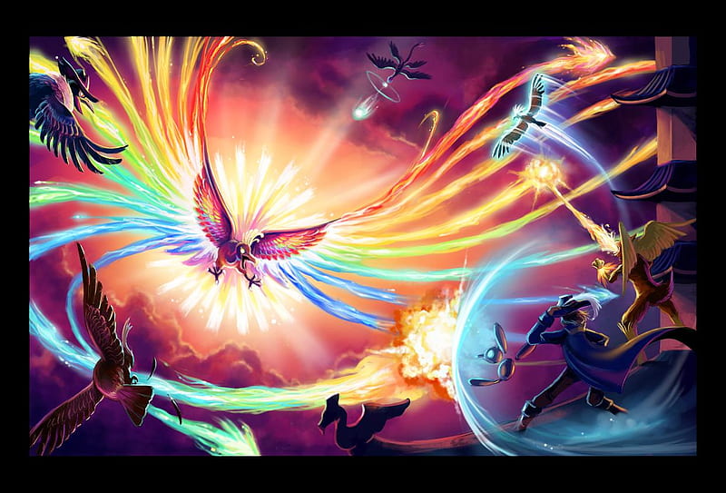 Vs Ho-oh and the Sacred Fire, blaziken, braviary, ho-oh, honchkrow, porygon-z, noctowl, archeops, HD wallpaper