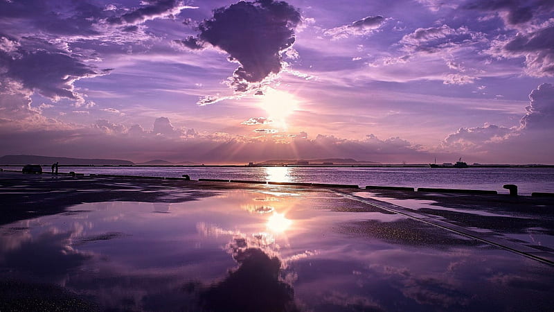 purple sunset scene, purple, puddle, sunset, reflection, bay, wharf, HD wallpaper