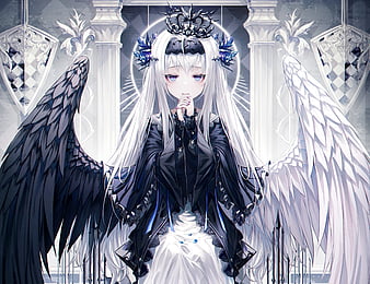 gothic anime girl, lolita fashion, polychromatic, white hair, wings, angel and devil, Anime, HD wallpaper