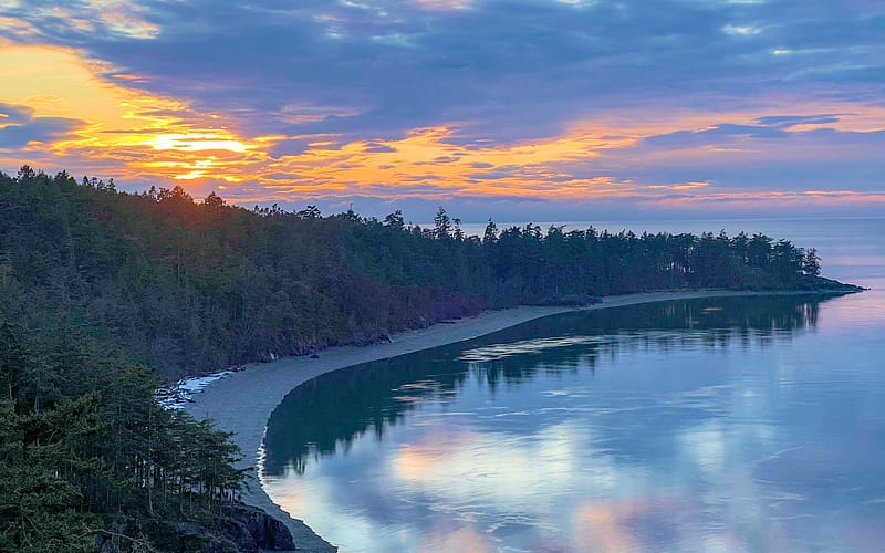 Sunset, Deception Pass, Washington, lake, trees, forest, usa, clouds, colors, HD wallpaper
