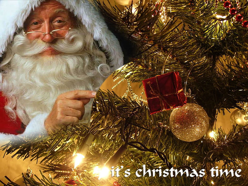 Its Christmas Time, beard, tree, santa, balls, christmas, santa clause, HD wallpaper