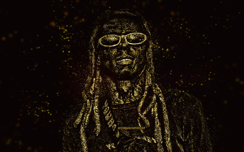 Lil Wayne, gold glitter art, black background, American rapper, Lil Wayne art, Dwayne Michael Carter, HD wallpaper