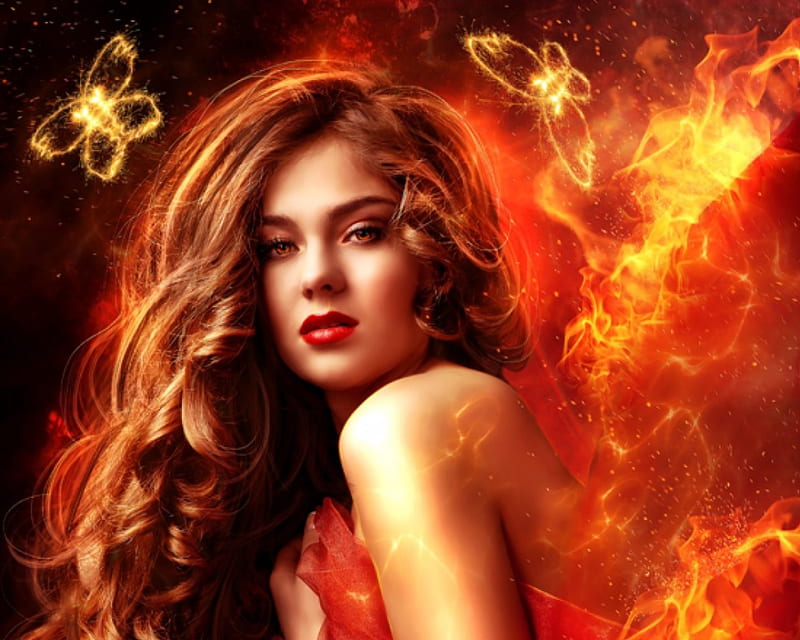 Gorgeous Girl, art, flames, golden, face, butterflies, gorgeous, red eyes, HD wallpaper