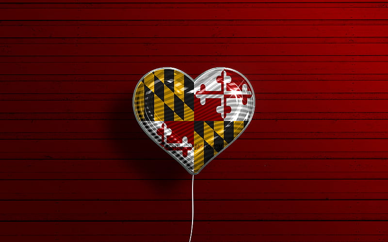 I Love Maryland realistic balloons, red wooden background, United States of America, Maryland flag heart, flag of Maryland, balloon with flag, American states, Love Maryland, USA, HD wallpaper