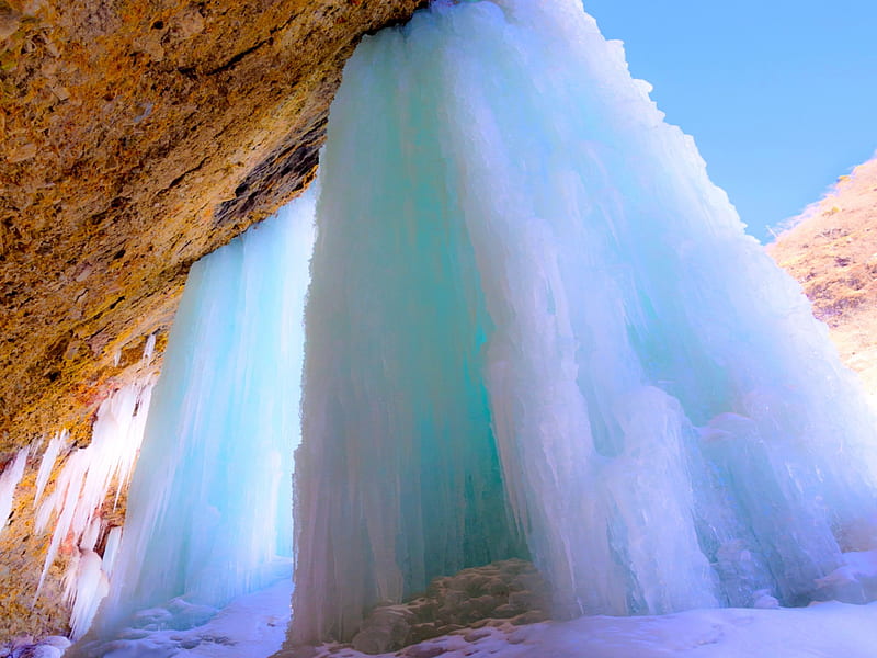 ICE FALLS, rock, ice, nature, winter, waterfalls, HD wallpaper