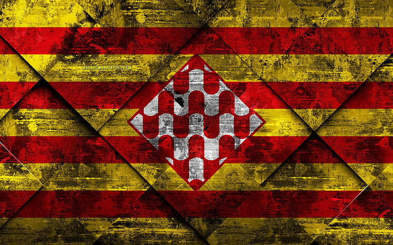 Flag of Girona grunge art, rhombus grunge texture, spanish province, Girona flag, Spain, national symbols, Girona, provinces of Spain, creative art, HD wallpaper