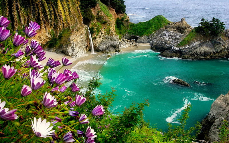 Blue lagoon, rocks, view, ocean, bonito, emerald, sea, lagoon, mountain, wildflowers, waterfall, bay, sands, blue, HD wallpaper