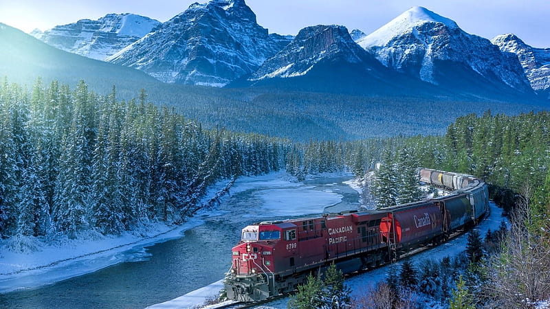 Rail Transport in the Canadian Rockies, forest, rail, snow, transport, mountains, nature, bow river, winter, HD wallpaper