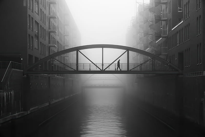 graphy, Black & White, Bridge, Fog, Man, River, Water, HD wallpaper