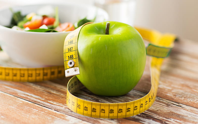 weight loss, green apple and measuring tape, slimming concepts, diet, salad, weight loss concepts, HD wallpaper