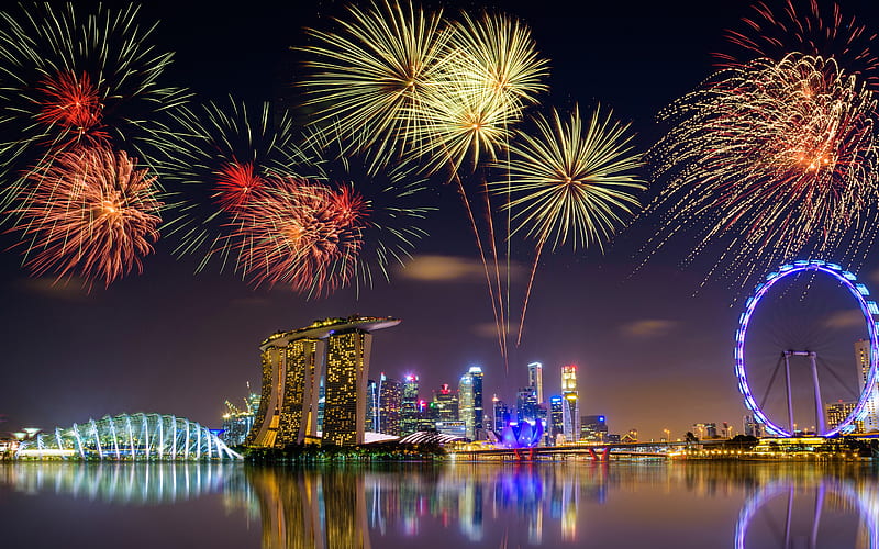 Singapore, night, Marina Bay Sands, fireworks show, New Year, Ferris wheel, fireworks, skyscrapers, asia, cityscape, HD wallpaper