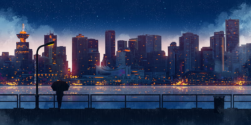 anime cityscape, raining, light, silhouette, stars, scenic, Anime, HD wallpaper