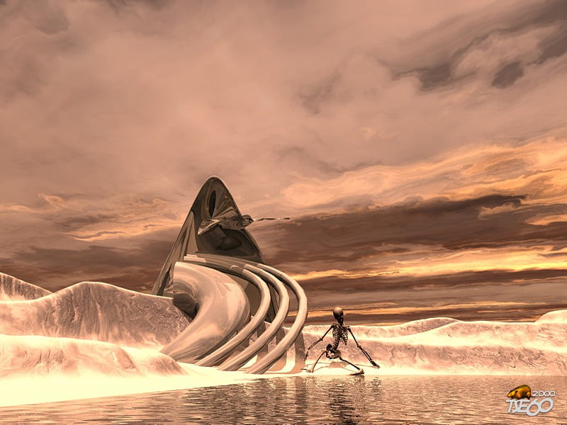 welcome to earth, pink clouds and sea, fantasy, cg, crashed spaceship, HD wallpaper