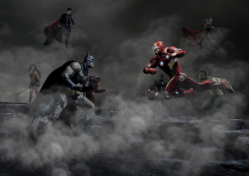 Justice League Vs The Avengers, justice-league, avengers, artwork, artist, , batman, flash, superman, wonder-woman, iron-man, hulk, captain-america, thor, superheroes, HD wallpaper