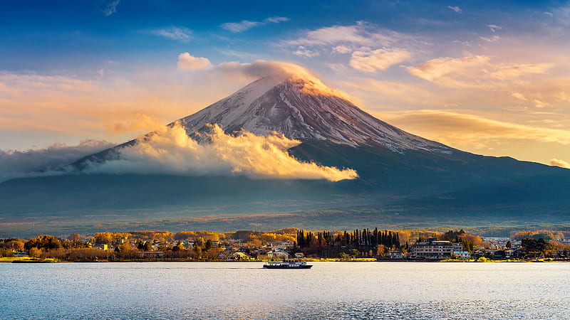 Fuli mountain and Lake, japan, Autumn, Sunset, Lake, Mountain, Fuji, HD wallpaper