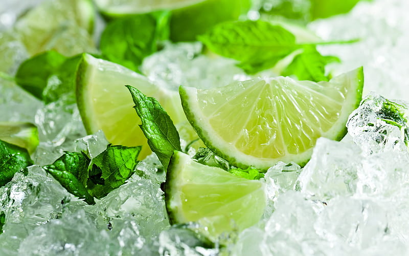 lime with mint, lime on ice, green lemon, lime, freshness concepts, HD wallpaper