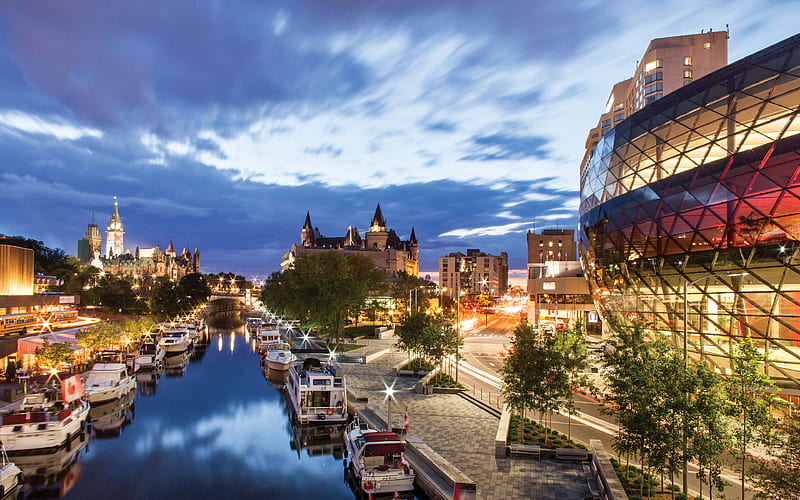 Ottawa, capital of Canada, evening, city lights, the Ottawa River, Canada, HD wallpaper