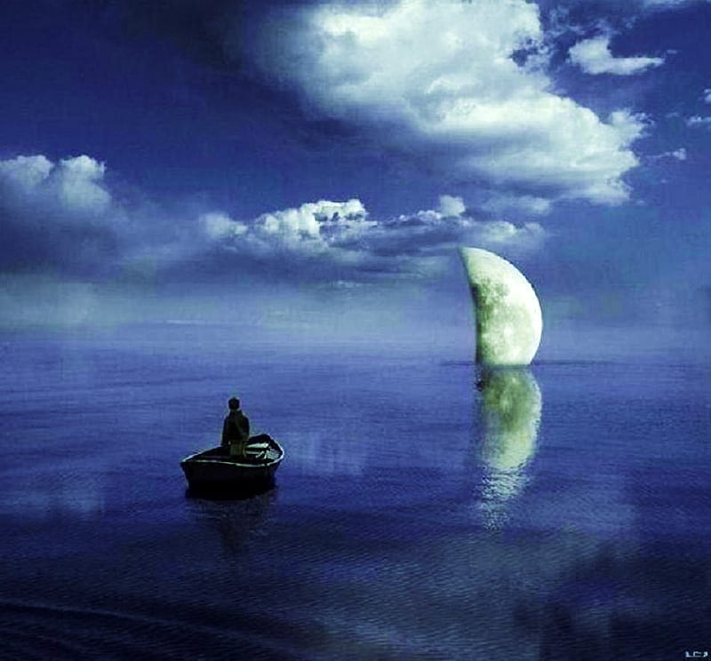 Sailing to the moon, moon, boy, boat, ocean, crescent, sinking, night ...