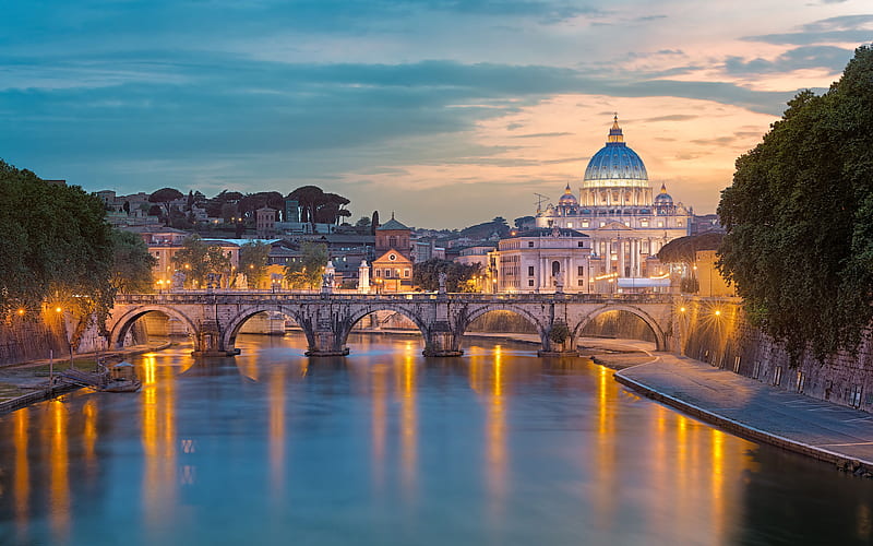 Vatican, Saint Peters Basilica, bridge, sunset, italian landmarks, Rome, Italy, HD wallpaper
