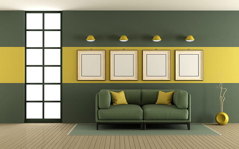 stylish living room, green walls, minimalism, modern interior design, green sofa, project, HD wallpaper