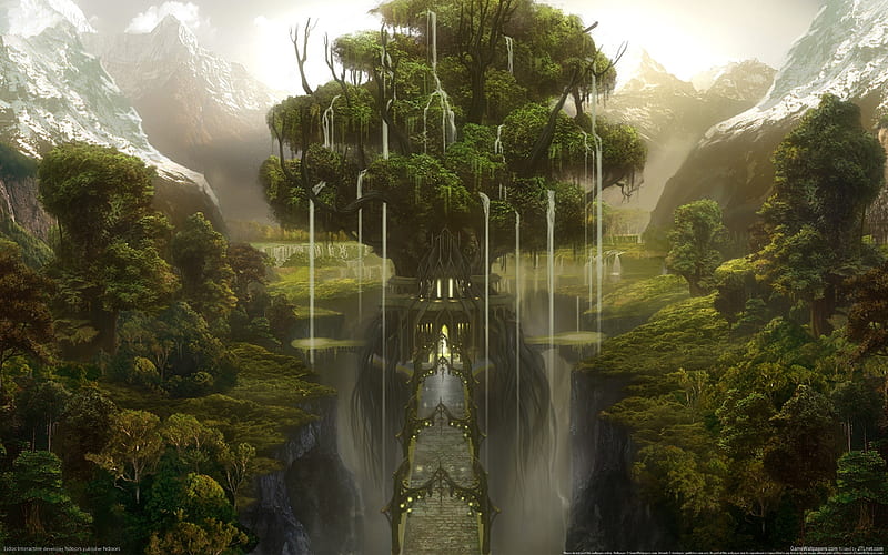 Fantasy, art, water, les gory, tree, green, luminos, waterfall, HD wallpaper