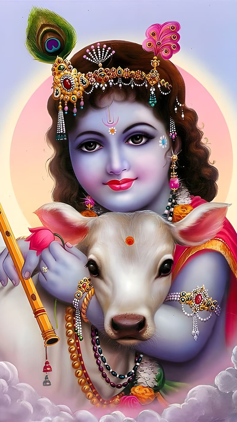 Baby Krishna, art, cow, krishna, indian, yellow, baby, cute ...