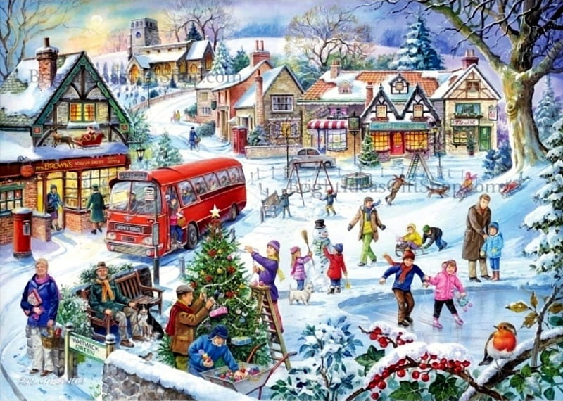 Winter Green, christmas tree, houses, town, artwork, xmas, bus, snow, people, painting, ice, skating, HD wallpaper