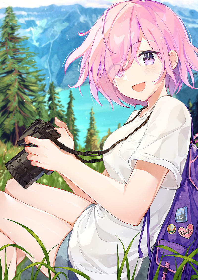Image of A smiling anime girl with short pink hair wallpaper