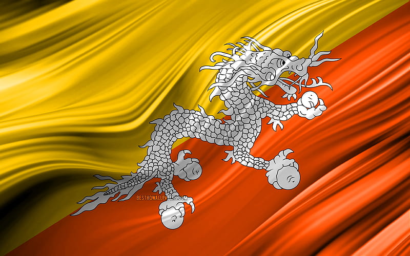 Bhutan flag, Asian countries, 3D waves, Flag of Bhutan, national symbols, Bhutan 3D flag, art, Asia, Bhutan, HD wallpaper