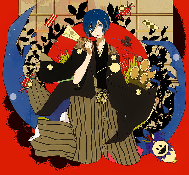 Minato Arisato, high res, paper fan, video game, japanese cloths, person, blue hair, shin megami tensei, blue eyes, persona 3, HD wallpaper