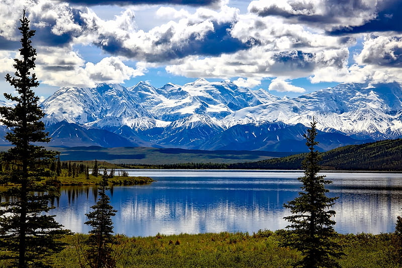 Alaska's Denali National Park, Mountains, Sky, Clouds, Alaska, Lakes, National Parks, Nature, HD wallpaper