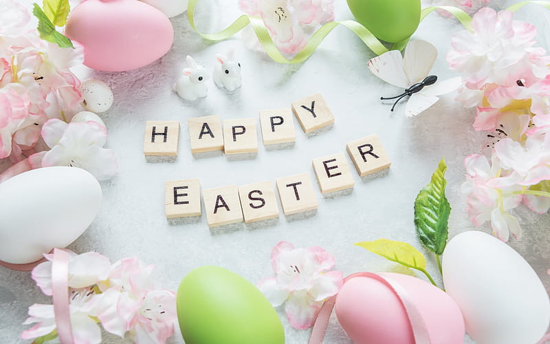 Happy easter, white easter background, pink easter eggs, spring flowers, Easter, HD wallpaper