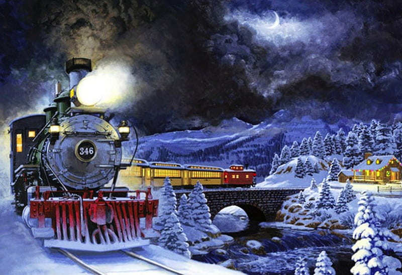 Winter Special, house, trains, trees, winter, water, snow, bridge, steamers, light, HD wallpaper