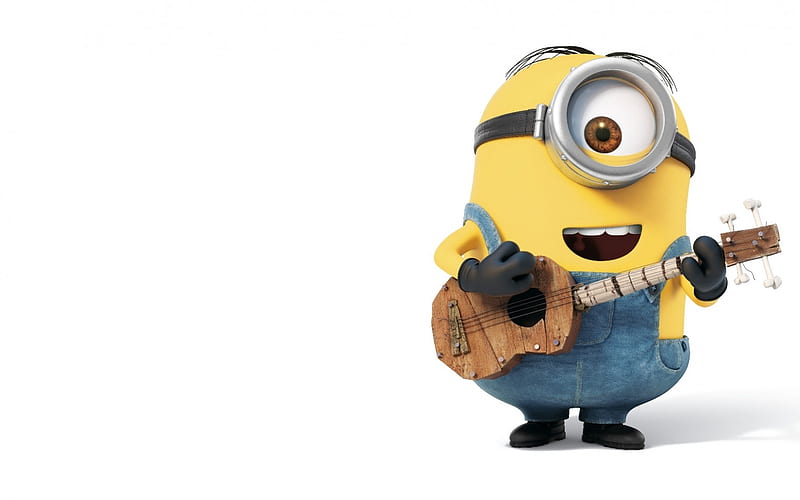 Minion, me, movie, eye, yellow, despicable, cute, instrument, guitar, funny, blue, HD wallpaper